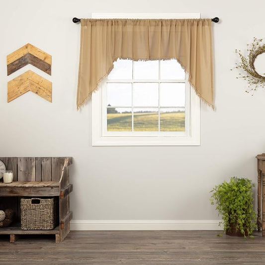 VHC Brands Tobacco Cloth Fringed Farmhouse Decor Kitchen Swag Prairie Panels Door Window Tier Set Curtains for Kitchen Bedroom Bathroom Living Room Dining (Khaki, Classic Swag Set)