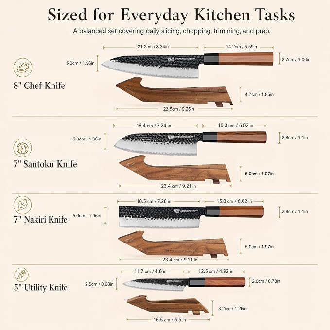 FINDKING Kitchen Knife Set with Individual Wooden Blocks, 4 Japanese Knives with Walnut Edge Guards, High Carbon Steel Blades, for Meat, Fruits, Vegetables, Dynasty Series