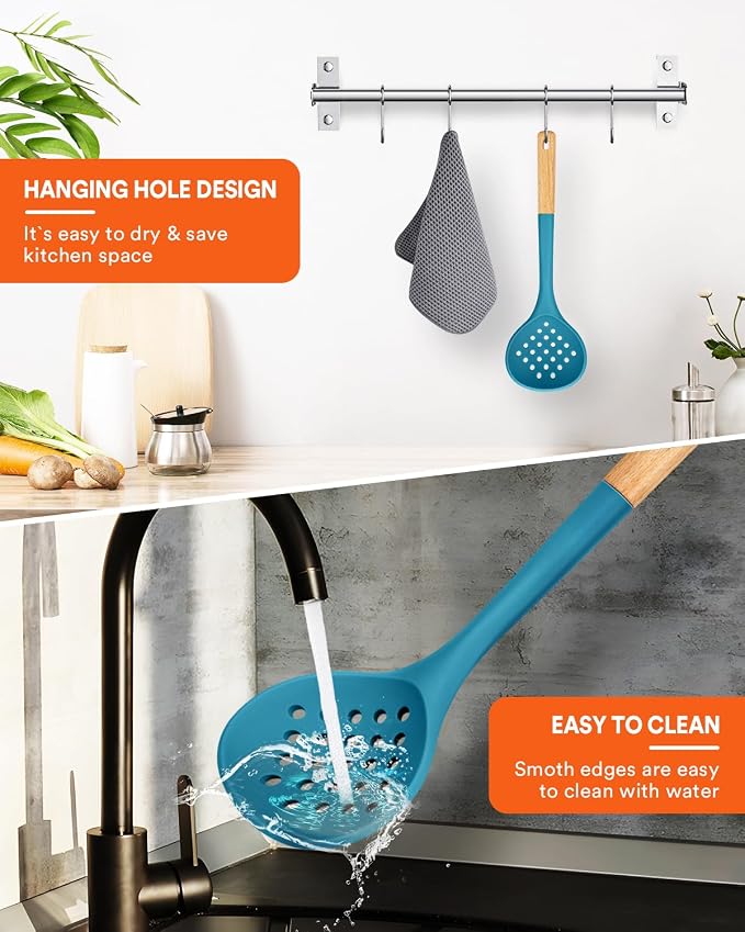 Kitchen Ladle Strainer, Large Slotted Spoon with High Heat Resistant BPA Free, Non Stick Cooking Skimmers For Draining & Frying, 13.2inch (Blue)