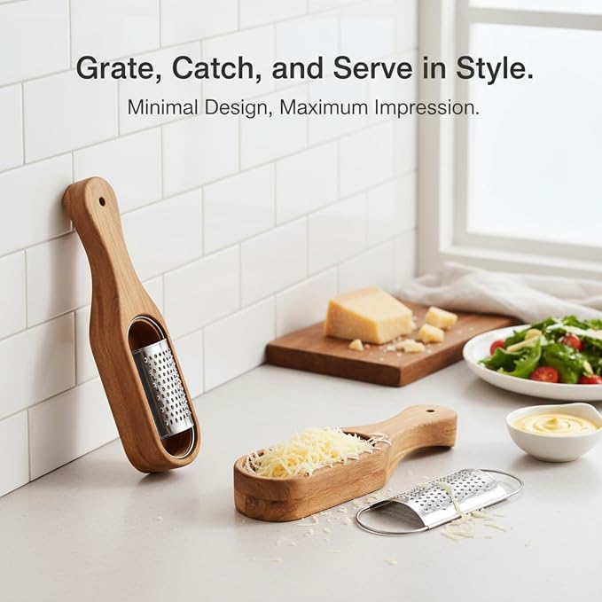 ZENFUN Removable SUS304 Stainless Steel Cheese Grater with Wooden Container, Acacia Wood Wooden Shredder, Citrus Zester, Perfect for Presenting Freshly Grated Cheese or Zest