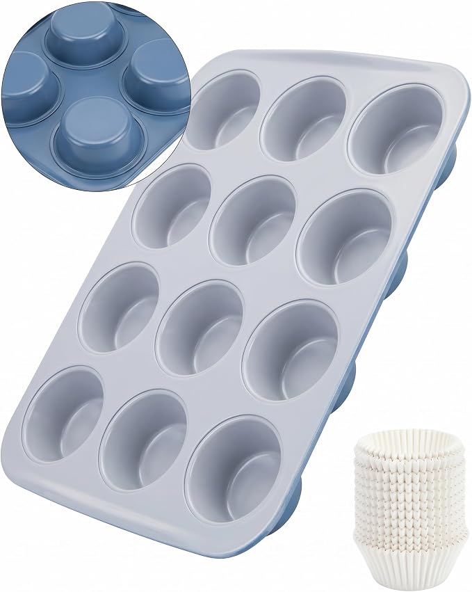 CARTMAN Ceramic Muffin Pan 12 Cup with 200 Cupcake Liners, Non-Stick & Non-Toxic Baking Tin for Healthy Muffins and Cupcakes, Perfect for Home Kitchens and Parties