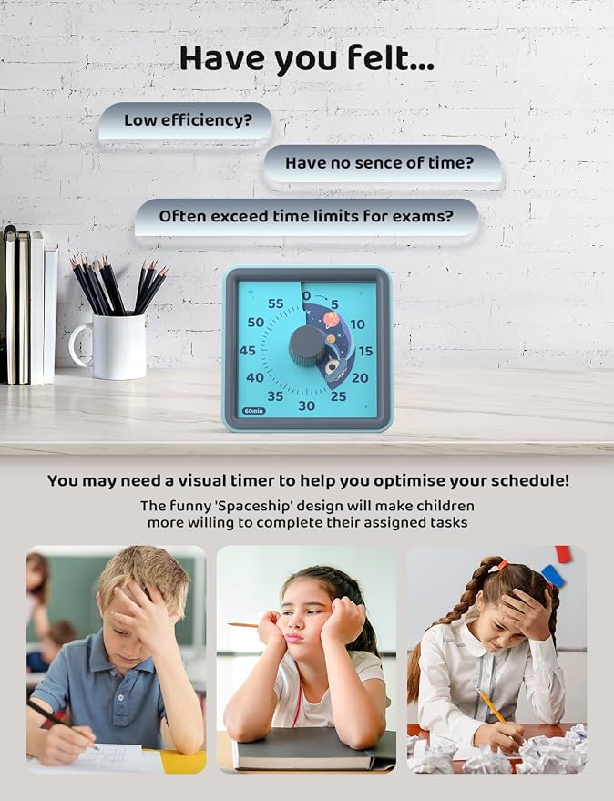 LIORQUE 60 Minute Visual Timer for Kids, Visual Countdown Timer for Classroom Office Kitchen with 'Space Ship' Pattern Design, Pomodoro Timer with Silent Operation (Batteries Included)