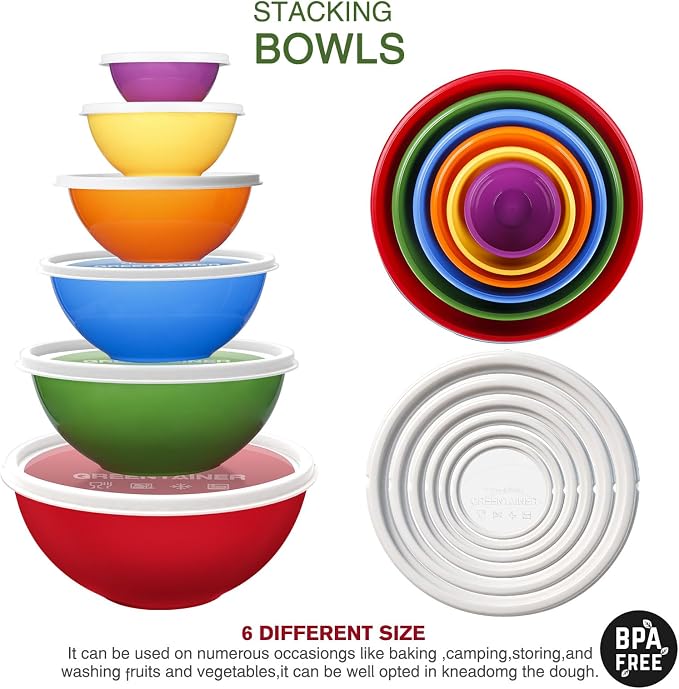 Greentainer Plastic Mixing Bowls with Lids Set for Kitchen, 6 Set Nesting Bowls for Mixing, Baking, Prepping, Cooking and Serving Food, Mixing Bowls Dishwasher, Microwave Safe