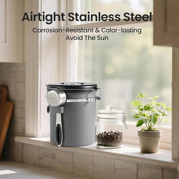 Veken Coffee Canister, Airtight Stainless Steel Food Storage Container,16OZ | Date Tracker, Kitchen Jars for Beans,Ground, Espresso, Rice,Tea, Sugar,Cereal,Cookie, Bar Accessories,Gifts, Lids, Scoop,Gray