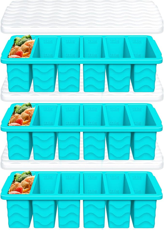 3-Pack Silicone Freezer Trays with Lid, Soup Freezer Container Molds, Silicone Freezer Molds, Ice Cube Tray for freezing Soup Sauce Broth Leftovers, Dishwasher & Oven Safe (1/2-cup,blue)