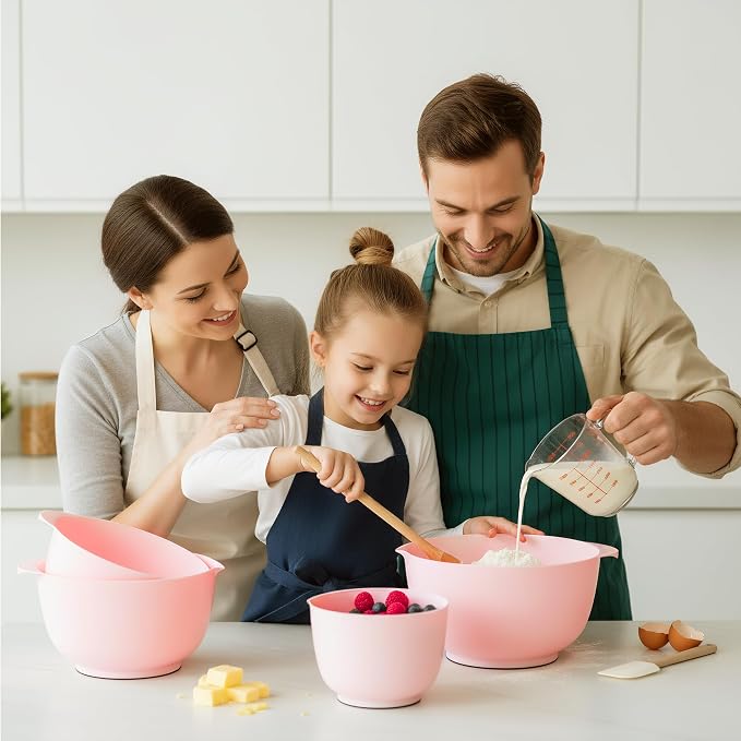 BoxedHome Mixing Bowls Set of 4, BPA Free Plastic,Microwave Safe, Pink | 4.5/3.5/2.5/1.7 quarts, Non-slip Base Large Nesting Bowl with Pour Spout, Dishwasher Safe, for Prep, Cooking,Baking