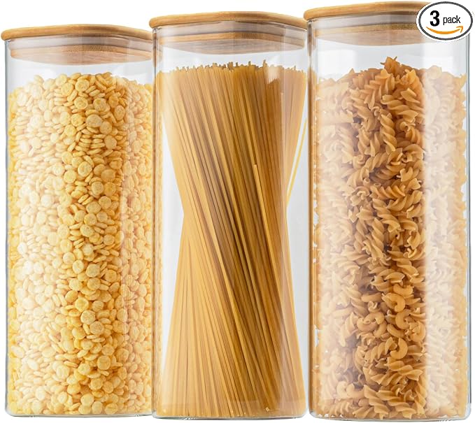 D2scrma 71oz Glass Square Storage Containers with Bamboo Lids Set of 3 (2100ml) Tall Food Storage Canisters Kitchen Jars for Pantry Organization Pasta, Penne, Macaroni, Lasagna, Fusilli