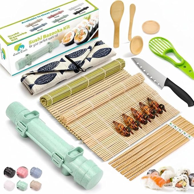SmileTools Sushi Making Kit, 22 in 1 Sushi Roller Sushi Maker Kit with Bamboo Sushi Rolling Mats, Bazooka, Chef's Knife, Chopsticks, Sauce Dishes, Rice Spreader, Avocado Slicer, Guide Book