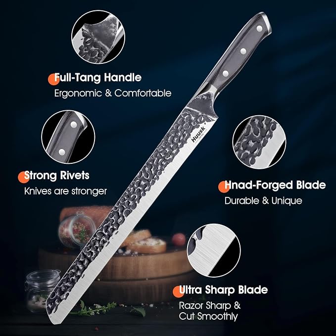 Huusk Japan 11.5 Inch Hand Forged Slicing Knife for Meats, Ribs, Roasts - Brisket Carving Knife for BBQ and Christmas Gifts