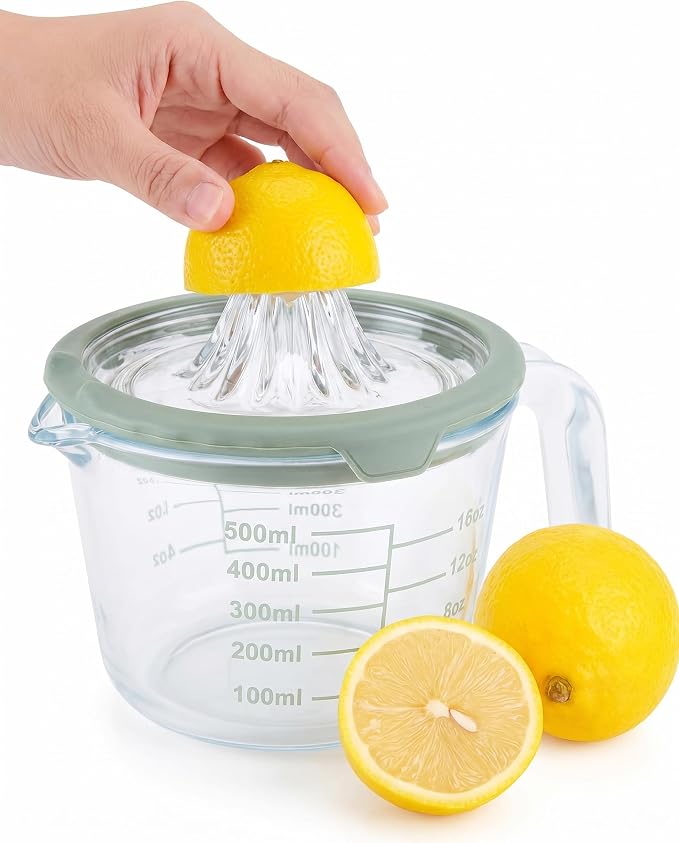 Cartman Citrus Lemon Orange Juicer, Green Manual Hand Squeezer, Glass Citrus Reamer, Lemon and Lime Manual Squeezer, Kitchen tool, Ounce Measuring Cup