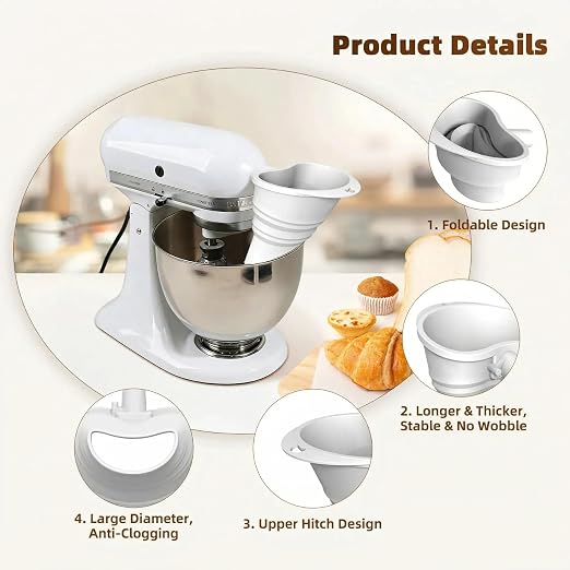 Upgraded Silicone Flour Funnel for KitchenAid Mixers, Foldable Longer Thickened Pour Baking Attachment Accessory, Fits KitchenAid 4.5-7QT Stand Mixer KSM150, Dishwasher Safe(White)