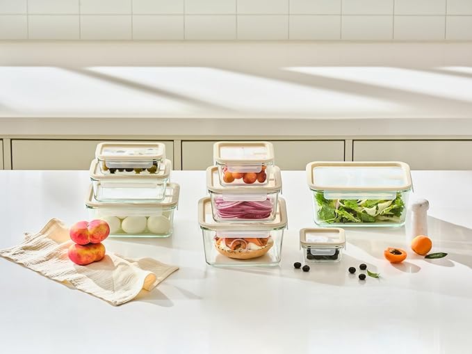 Glasslock Sens 16Pcs Glass Food Storage Set – Airtight & Leakproof, 8 Different Sizes, Anti Slip Lid, Microwave & Oven Safe, Perfect for Meal prep, Lunch Box, Nestable & Stackable, Pantry Storage