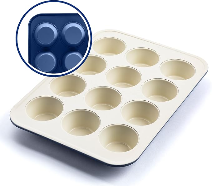 GreenLife 12 Cup Ceramic Nonstick Muffin Pan, Navy | 11.4" x 1.9" x 15.9", PFAS-Free Nonstick, Cupcake Tin, Easy Release, Even Heating, Wipe Clean, Heavy Duty, Warp Resistant