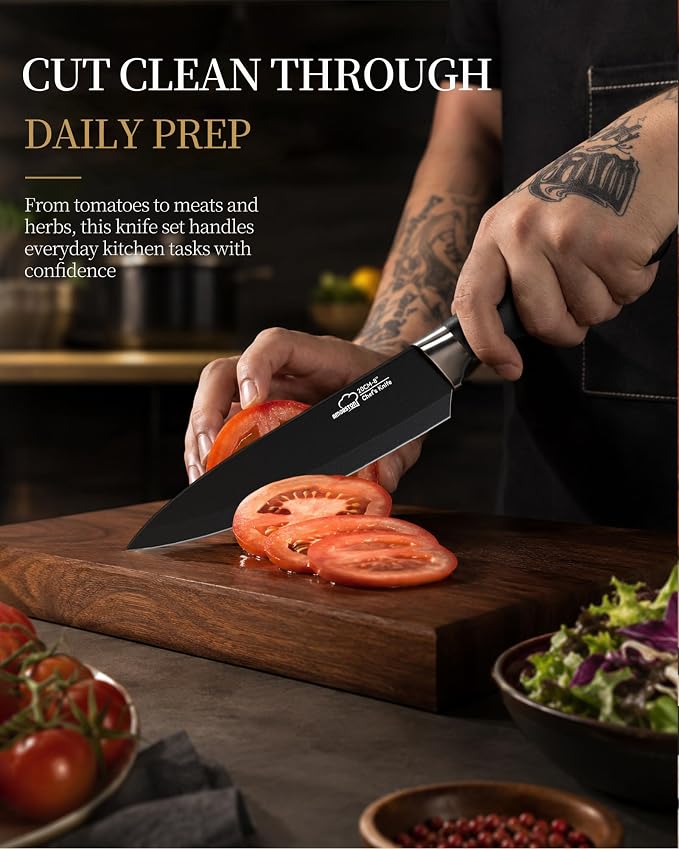 Amorston Knife Set, 15 Piece Kitchen Knife Set with Block and Built in Sharpener, German Stainless Steel Dishwasher Safe Knife Block Set, Black Kitchen Knives Set for Home Cooking