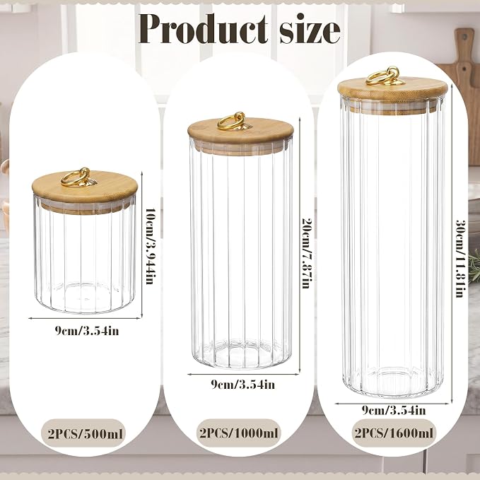 SiliFine 6 Set Glass Pantry Storage Jar with Acacia Airtight Lid 3 Size Glass Storage Container Jar for Pasta Spaghetti Cereal Coffee Bean Flour Sugar Rice, 17oz, 35oz, 53oz (Bamboo Lid with Ring)