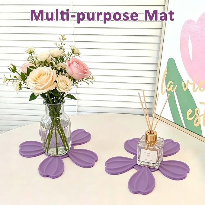 4-piece Silicone Trivet Mat - Non-Slip & Heat Resistant Kitchen Hot Pads for Table & Countertop, Multifunctional Mats can Hold Coffee, Plates, and Various Ornaments, (Purple)