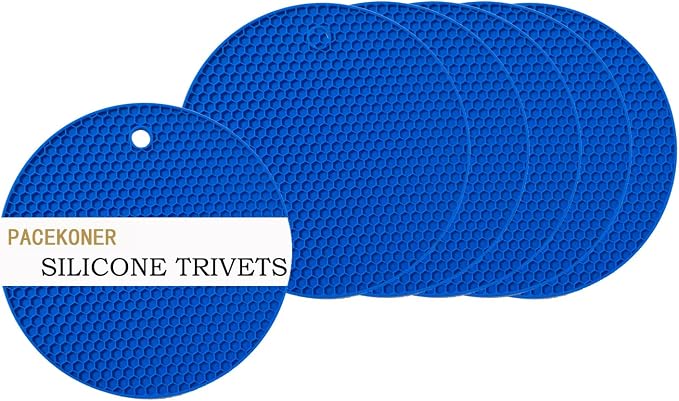 6-Pack Silicone Trivet Mats, Heat Resistant Hot Pads, Dishwasher Safe Kitchen Mats, BPA-Free Pot Holders for Table, Countertop, Stove, Honeycomb Design (Dark Blue, 7“ Round)