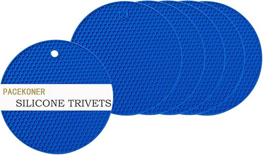 6-Pack Silicone Trivet Mats, Heat Resistant Hot Pads, Dishwasher Safe Kitchen Mats, BPA-Free Pot Holders for Table, Countertop, Stove, Honeycomb Design (Dark Blue, 7“ Round)