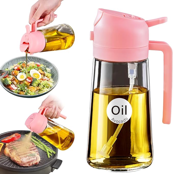 YARRAMATE 16 oz 2-in-1 Glass Olive Oil Sprayer for Cooking, Pink | Food-grade dispenser bottle, 470 ml, spray and pour, portion control, stickers included, for salad, frying and BBQ