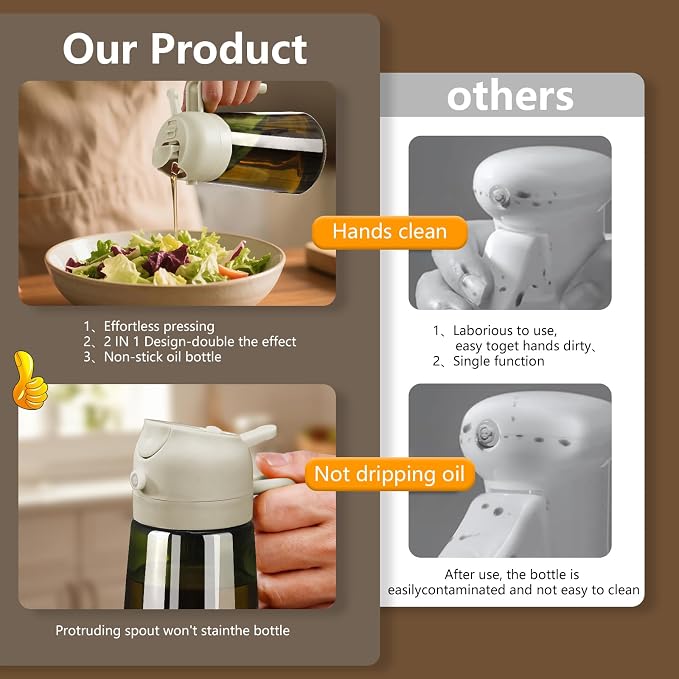 SWEET VIEW Olive Oil Dispenser and Oil Sprayer 16oz/470ml | Glass Light-Proof Oil Pourer for Kitchen with Stickers for Air Fryer, Cooking, Salad, and BBQ