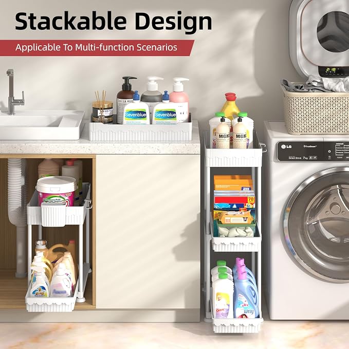 4-Pack 2-Tier Under Sink Organizer with Pull Out Drawers | Multi-use kitchen & bathroom storage. Includes hanging hooks and cups. White, space-saving cabinet design. 14.8 Inch