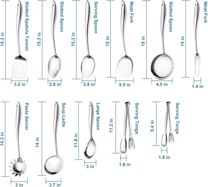 304 Stainless Steel Cooking Utensils Set for Kitchen Utensils Set with Holder, 12 PCS Large Metal Cooking Utensil Tools Set with Holder,Fork,Spatulas,Spoons,Skimmer,Ladle,Tong