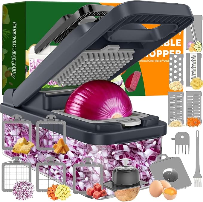 StoreHappily 12-in-1 Vegetable Chopper, 10 Blades Veggie Chopper with Container and Lid, Dicer, Slicer, Multifunctional Kitchen Gadgets, Vegetable Cutter with Handle, Onion Cutter(Grey)