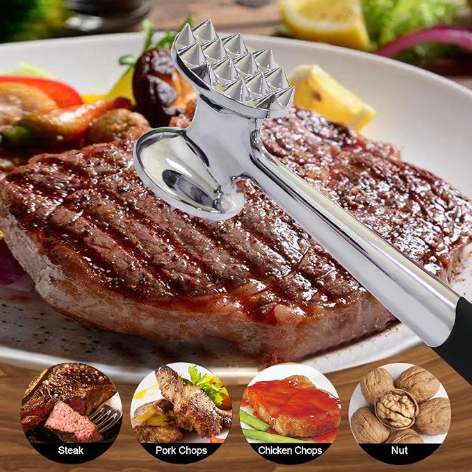 FUNRUI 1 Piece/Set Meat Hammer Tenderizer Heavy Duty Metal Stainless Steel Steak Meat Pounder Mallet Double-Sided Restaurant Home Kitchen Tool, Silver