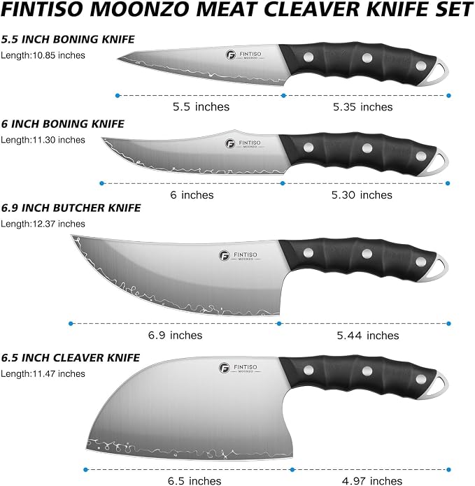 FINTISO Hand Forged Viking Knife Set, 4 PCS Kitchen Knives with Butcher Knife, Serbian Chef Knife & 2 Boning Knives, 5-Layer High Carbon Steel, Full Tang G10 Handle for Kitchen, BBQ & Camping