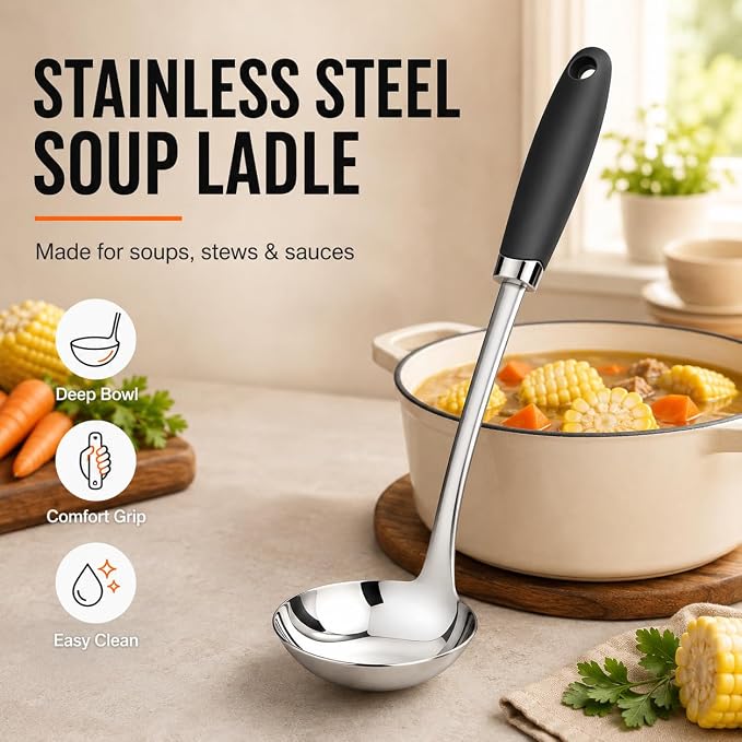 Stainless Steel Soup Ladle, 12 Inch Metal Ladle Spoon with Ergonomic Handle for Soup, Stew, Sauce, Chili, Gravy and Serving, Dishwasher Safe