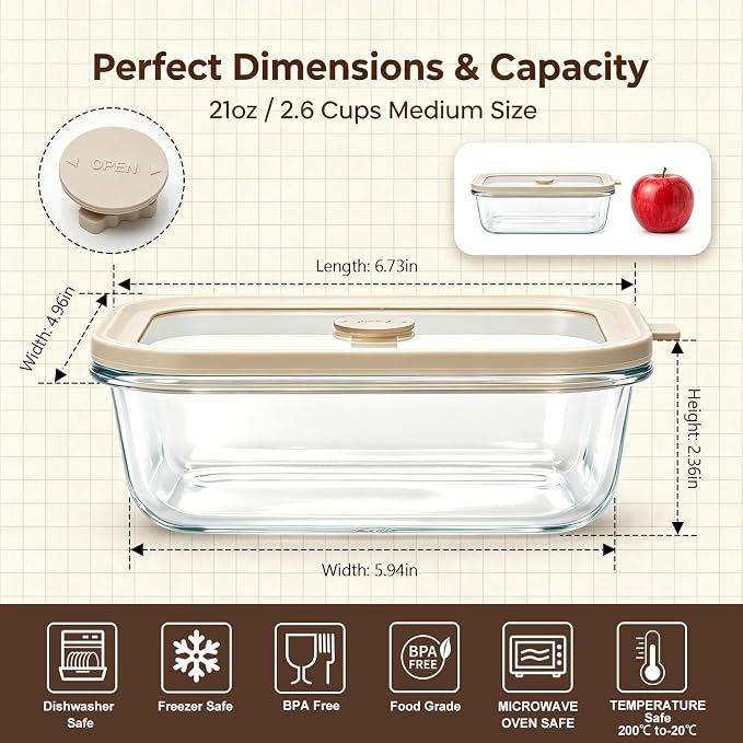 21 oz Glass Meal Prep Containers with Glass Lids, 6 Pack | Airtight Glass Glass Food Storage Containers, Non Toxic Glass Lunch Containers for Leftovers, Microwave, Oven, Freezer