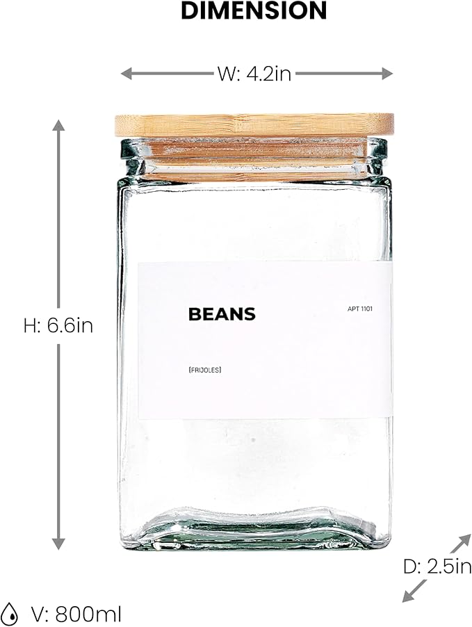 Glass Storage Jars with Bamboo Lid, glass canisters with airtight lids, Clear jars with lids for Spice, Cookie, Candy, Tea, Coffee Bean and Rice (White, 26 oz, Set of 6)