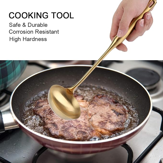 Stainless Steel Kitchen Turner, Big Soup Ladle Useful Cooking Tool Utensil (Soup Ladle-Gold)