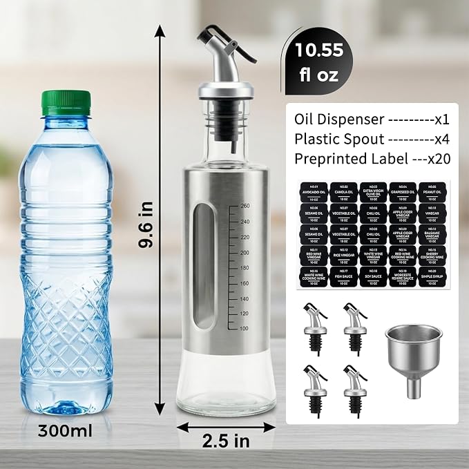 Olive Oil Dispenser for Kitchen, 4 Pack 10oz/300 ML Cooking Oil and Vinegar Dispenser Set with 20 Labels Stainless Steel Funnel, Olive Oil Bottle, Soy Sauce Dispenser, Coffee Syrup Bottles