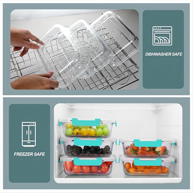 30 oz 5 Pack Glass Meal Prep Containers with Lids, Green | Glass Food Storage Containers with Lids, Airtight Lunch Box, BPA-Free, Dishwasher, Microwave, Oven and Freezer Safe