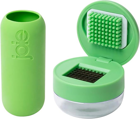 Joie Garlic Press and Chopper with Storage Container, Stainless Steel Blades, Green (Garlic Peeler and Chopper), Colors May Vary