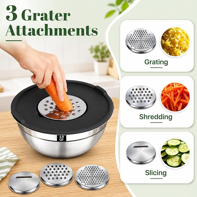8PCS Mixing Bowls with Lids Set - 5 Nesting Mixing Bowls, 3 Grater Attachments, Lids, Stainless Steel Mixing Bowls for Mixing & Serving, Size 1.5/2.1/3.5/4/4.5 QT, Black