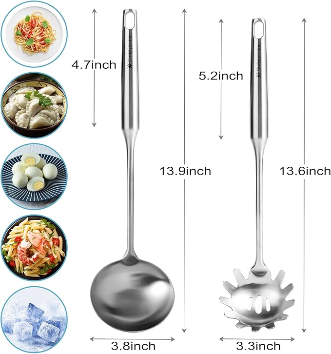 Stainless Steel Soup Ladle and Spaghetti Spoon Set - Large Ladle Spoon, Pasta Strainer, Durable Kitchen Cooking Utensils for Stirring, Serving Pasta, Soup & Sauce，Perfect Gifts