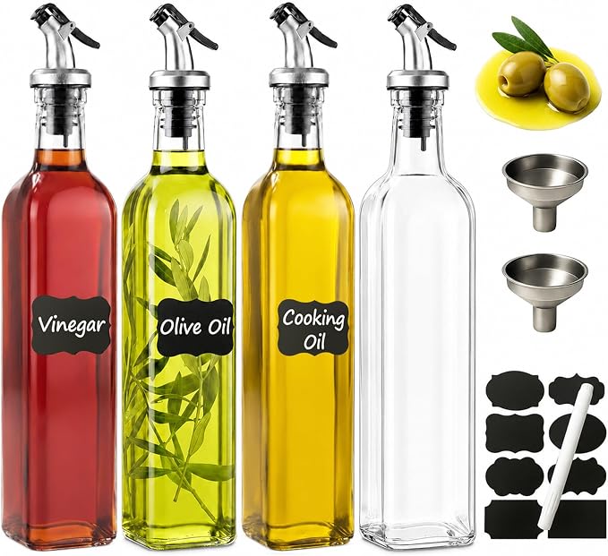 WERTIOO Oil Bottles for Kitchen 4 Pack, 17oz Oil and Vinegar Dispenser Set | 500ml Olive Oil Dispenser Bottle for Kitchen, with 4 Plastic Pourer, 2 Stainless Steel Funnel, Pen and Label
