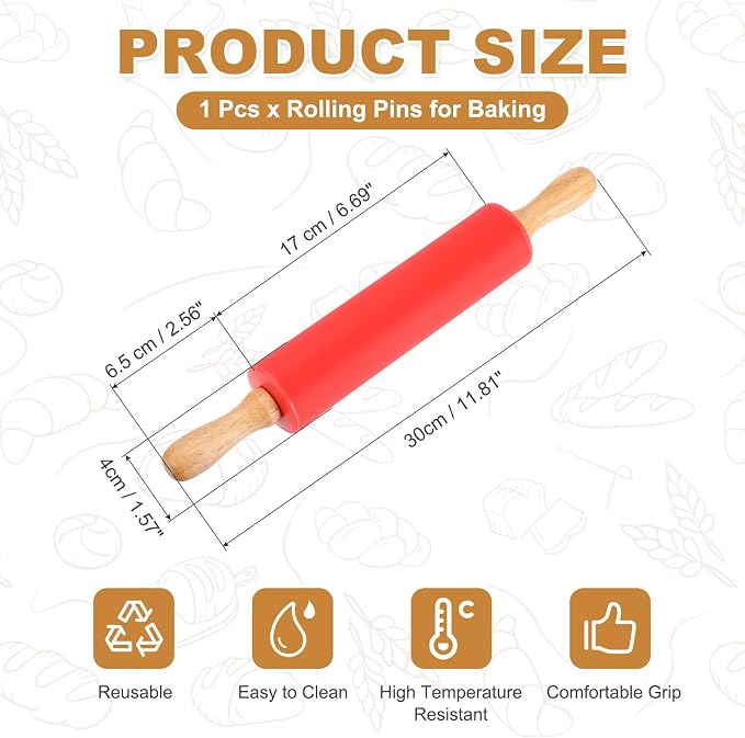 uxcell Rolling Pins for Baking, 12 Inch Silicone Non-Stick Rolling Pin Baking Roller Wooden Handle for Home Kitchen Dough Cookies Pastry, Red