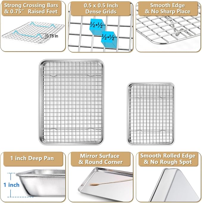 P&P CHEF 12.5+9 Inch Toaster Oven Pan Tray with Wire Rack, 4 PCS | Baking Sheet Pan + Cooling Rack for Cooking/Roasting, Dishwasher Safe & Rust Free, Non-toxic & Sturdy