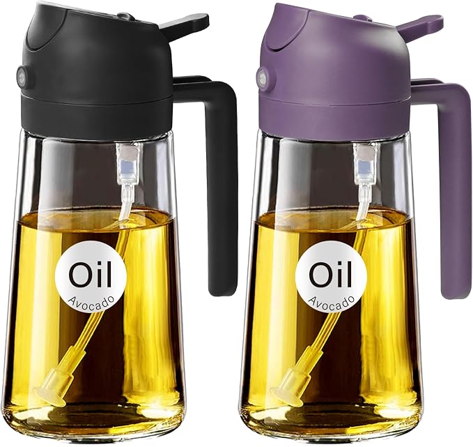 YARRAMATE 16 oz 2-in-1 Glass Olive Oil Sprayer for Cooking, BlackPurple | Food-grade dispenser bottle, 470 ml, spray and pour, portion control, stickers included, for salad, frying and BBQ