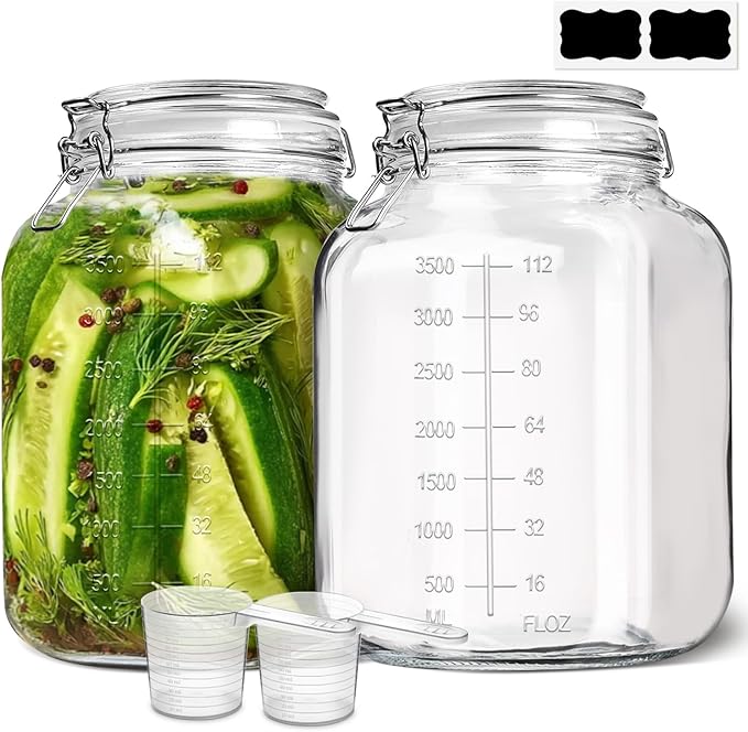 ComSaf Large Square Glass Jars with Airtight Lid 1 Gallon 2 Pack Wide Mouth | Flour sugar rice, Kombucha, Bulk pantry organization, Measurement marks, Pickling fermenting, Snacks, Sourdough pickling