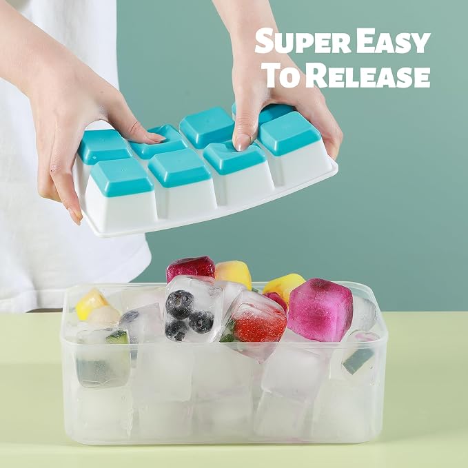 Large Ice Cube Trays with Lid, Jrisbo 2 Pack Stackable Silicone Ice Cube Molds for Freezer, Easy Release 16 Big Square Ice Trays for Whisky Cocktails (4 Black Gray)
