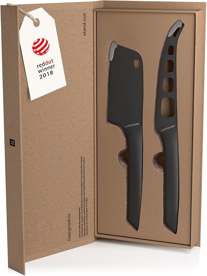 LARS NYSØM Cheese Knife Set Edge 2 pcs. I Cheese Knife Set Made of Stainless Steel I Premium Gift Box I Perfect as Christmas Gift (Carbon Black)