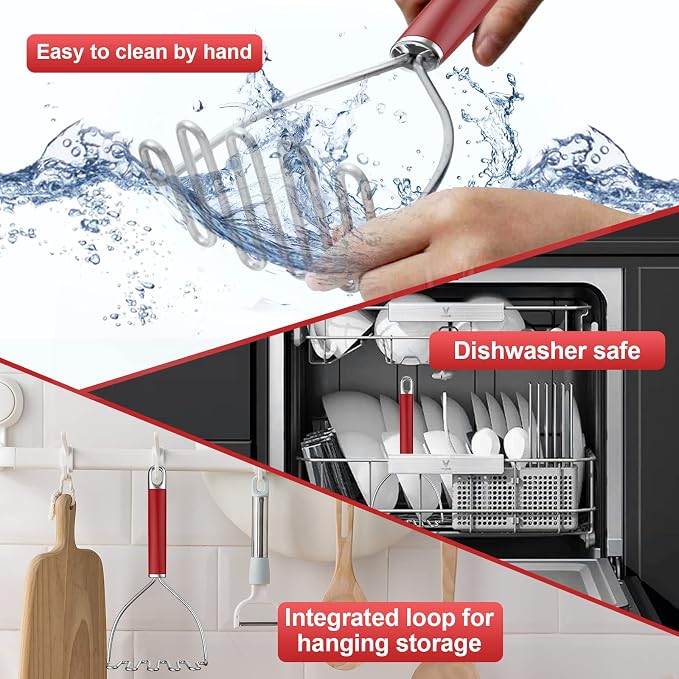 Potato Masher, Mashed Potato Masher Stainless Steel, Sturdy Masher Kitchen Tool for Potatoes, Avocado, Bean, Available for dishwasher - (Red)