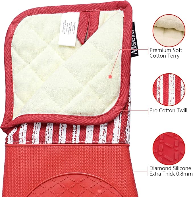Alselo Silicone Oven Mitts Heat Resistant 932℉ with Waterproof & Non-Slip Kitchen Mittens, Set of 2 Extra Long Oven Gloves with Soft Cotton Terry Lining for Baking Cooking Barbecue (2, Red Mitts)