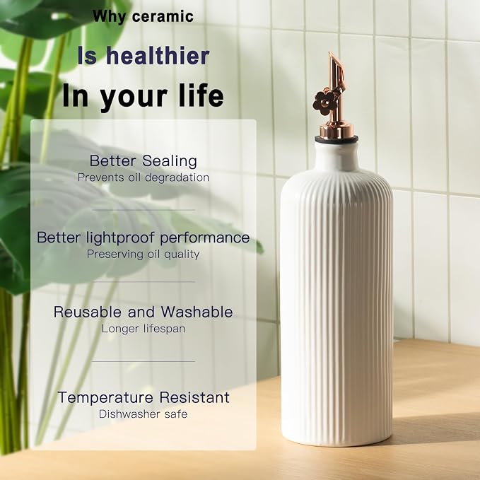 Dizada Olive Oil Dispenser Bottle Set of 2 (22 Oz + 14 Oz) - Porcelain Oil and Vinegar Bottles with Stainless Steel Spout, Ceramic Kitchen Cruet, Dishwasher Safe