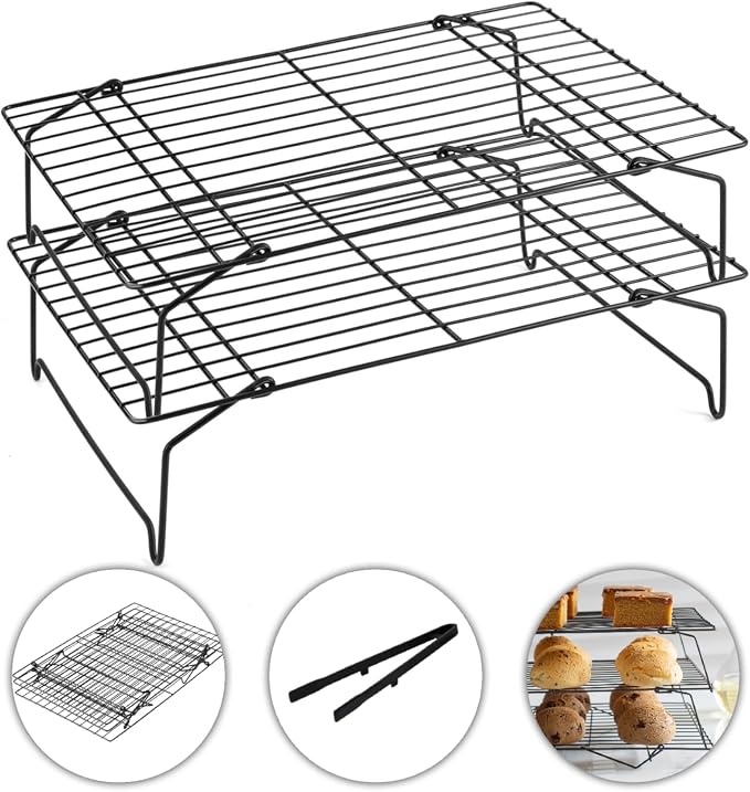 2-Tier Cooling Racks for Cooking and Baking - 13" x 9.6" Stackable Heavy Duty Stainless Steel Wire Rack for Baking, Grilling, Roasting - Oven & Dishwasher Safe - Black