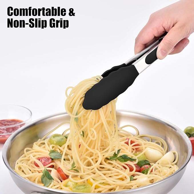 Doosu Kitchen Tongs for Cooking - 600°F Heat Resistant Food Tong with Non-Scratch Silicone Tips, Heavy Duty Stainless Steel Locking Tong for BBQ, Grilling Steak, Serving Salad, Pasta (7in, Black)